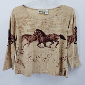 Vtg Collections Etc Crop Top Size S Tan Horses Graphic Beaded Sequins Equestrian